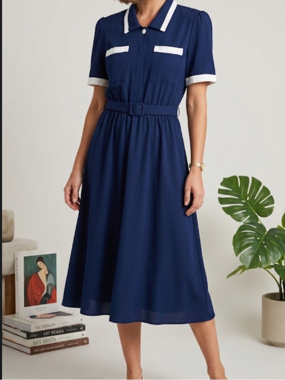 VTG Tabby of California Navy Blue White Contrast Belted Midi Dress Plus Size 18